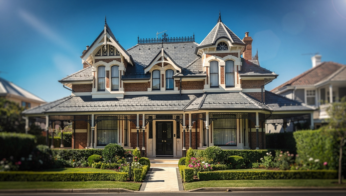Victorian roof after restoration — pristine slate, copper ridgecaps
