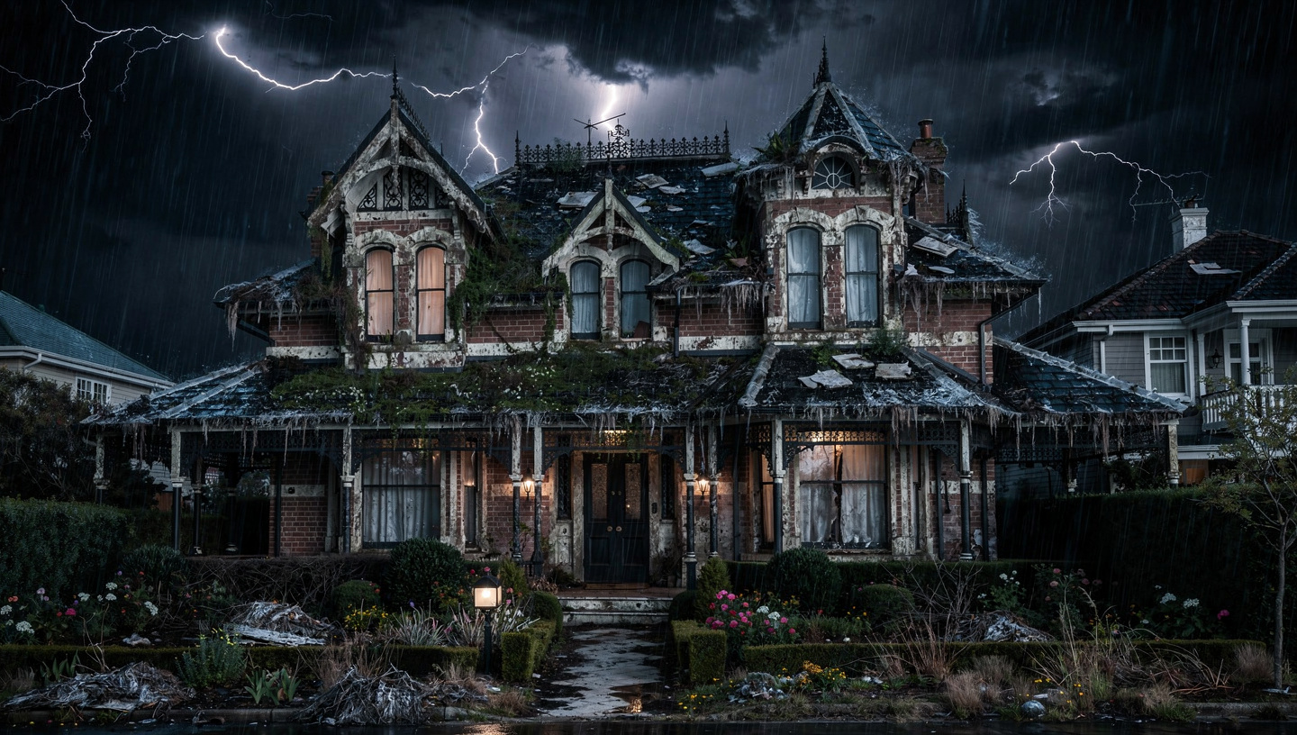 Victorian roof before restoration — damaged slate, broken guttering